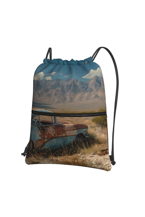 Deserted Classic Car Landscape for Drawstring Bags,Pull String Backpack Bags,String Bag Sackpack