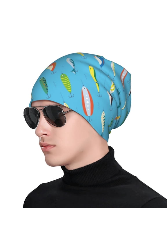 Different Color Fishing Bait Print Beanie Knitted Hat for Men Women, Winter Fashion Knit Cuffed Caps Unisex