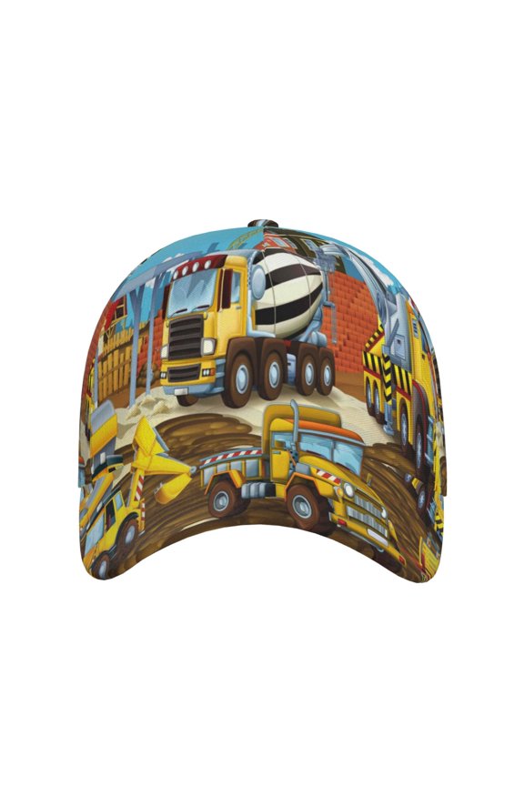 Different Construction Site Vehicles for Baseball Cap: Unisex, crafted from classic polyester twill fabric, featuring a soft unconstructed design