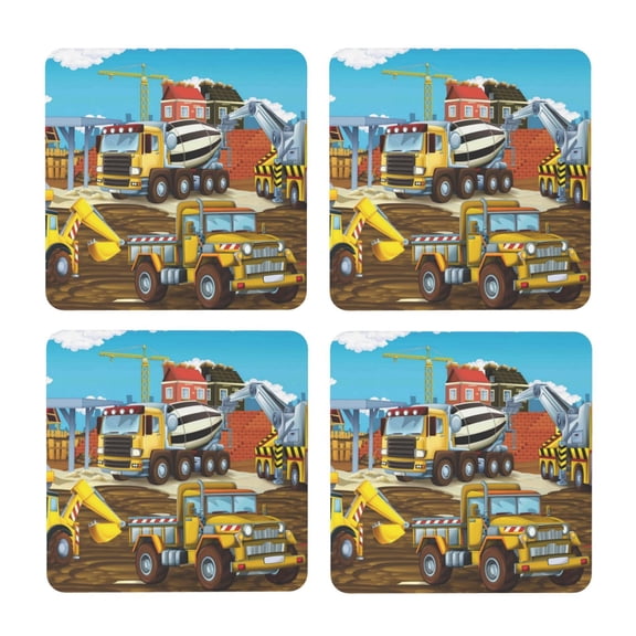 Xecao Different Construction Site Vehicles for MDF Cork Coaster 4 Pcs,Drink Coasters,Suit for House Warming Gifts New Home ,Coffee Table Decor-Square