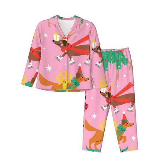Xecao Different Dogs Christmas Print Women Pajamas Set Soft Sleepwear Pjs long Sleeve Button Down Nightwear with Long Pants