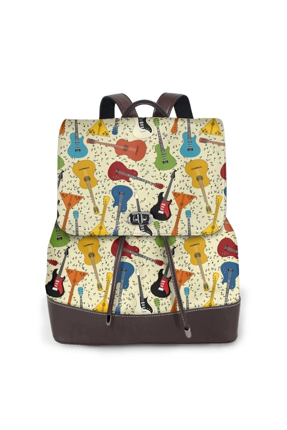 Different Kind Of Guitars Print Large Backpack Soft Leather for Women Travel with Compartment, Adjustable Convertible Strap