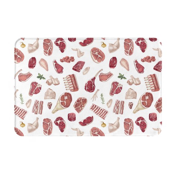Xecao Different Meat print Flannel Mat: Non-slip, 16x24in. Ideal for kitchen, bedroom, bath & living room.