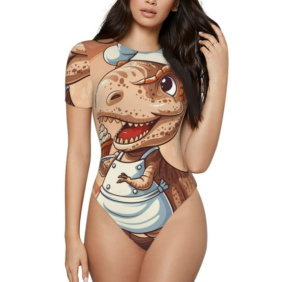 Xecao Dinosaur Baking Delight Pattern Women's Crew Neck Body Suit, Short-Sleeved Bodysuit and Basic Swimsuit,Both Comfort and Style for Dating and Daily life -Medium