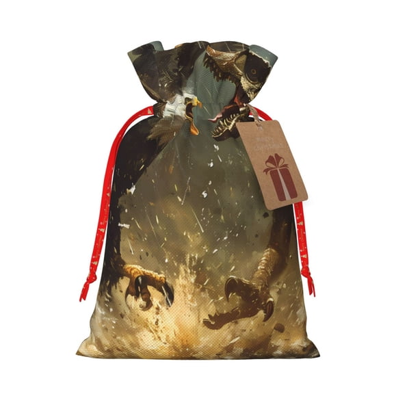 Xecao Dinosaur Bald Eagle Print Burlap Gift Bags with Drawstring and Gift Tags, Gift Bags, Burlap Bags, Jute Bags for Party, Christmas, DIY Craft Bags-Medium