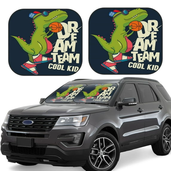 Xecao Dinosaur Basketball Player for Foldable Car Sun Shades (2-Pack) offer sun protection with an easy-fold design for convenient windshield shading.