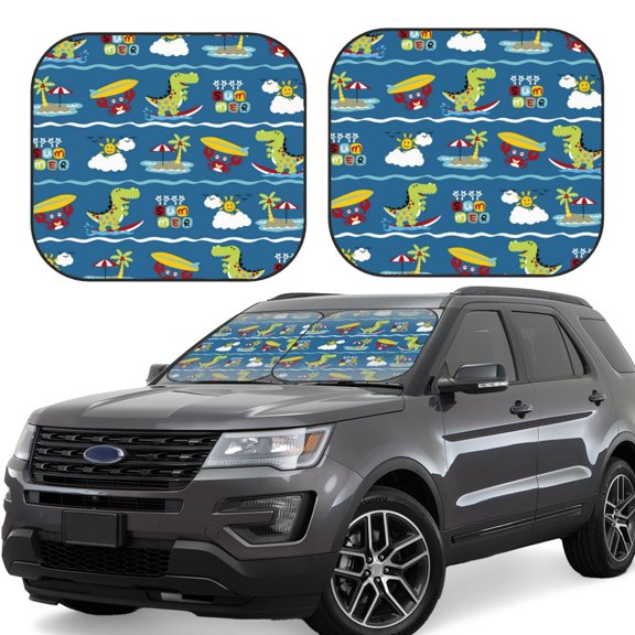 Xecao Dinosaur on the Beach Vacation for Foldable Car Sun Shades (2-Pack) offer sun protection with an easy-fold design for convenient windshield shading.