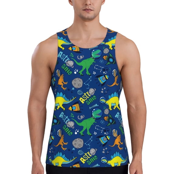Xecao Dinosaur In Space Men's Tank Top Workout Quick Dry Sleeveless Gym Jogging Muscle Shirts Summer Swim Beach Tops
