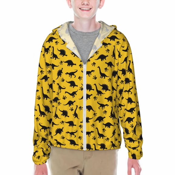 Xecao Dinosaur Print Fishing Shirts for teenager Long Sleeve UV Sun Protection Hoodie with Zipper Outdoor Hiking Shirts-Large