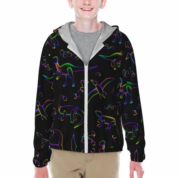 Xecao Dinosaur Print Fishing Shirts for teenager Long Sleeve UV Sun Protection Hoodie with Zipper Outdoor Hiking Shirts-XX-Large