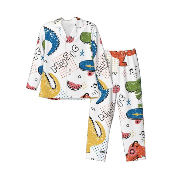 Xecao Dinosaur Print Pajamas Set Mens Pajamas Long Sleeve Loungewear Two-Piece Sleepwear Button-Down Pjs Set,2PJS-Large