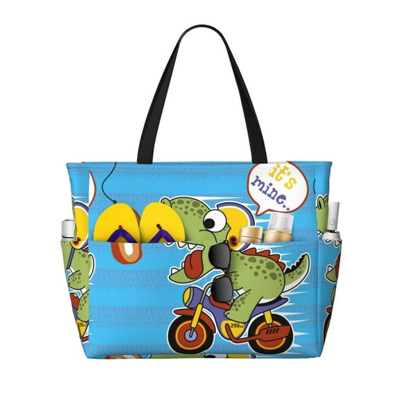 Xecao Dinosaur Riding a Motorcycle for versatile beach bag for women includes zipper pockets and waterproof material, ideal for vacations and adventures.