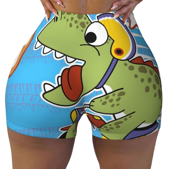 Xecao Dinosaur Riding a Motorcycle Print Workout Shorts for Women Soft Smooth Gym Yoga Scrunch Active Tennis Workout Running Shorts