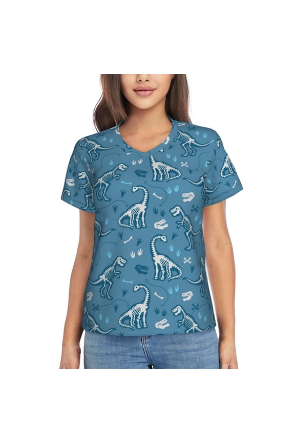 Dinosaur Skull for Women's V-Neck T-Shirts-Elegant Half-Sleeve Tops Perfect for Summer-Small