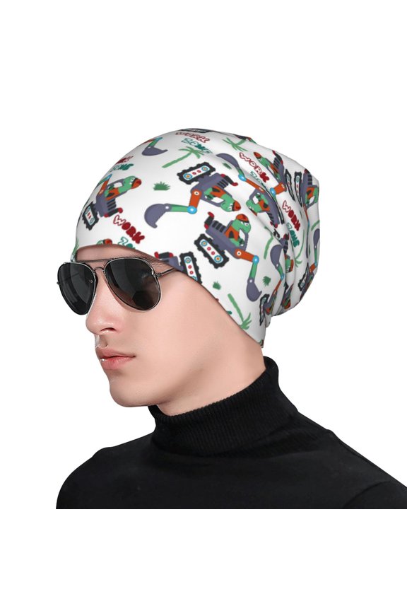 Dinosaur on Excavator2 Print Beanie Knitted Hat for Men Women, Winter Fashion Knit Cuffed Caps Unisex