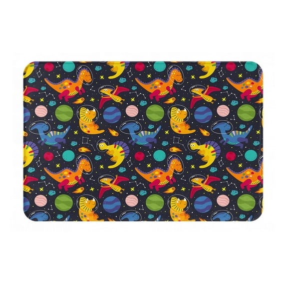 Xecao Dinosaurs in Space print Flannel Mat: Non-slip, 16x24in. Ideal for kitchen, bedroom, bath & living room.