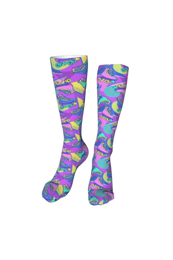 Disco Roller Skates Print Calf Socks Seamless Toe, Knee High Long Socks, Sports Socks Trouser Socks for Women and Men-One Size