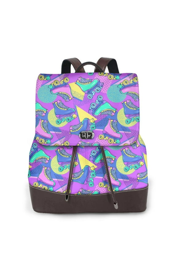 Disco Roller Skates Print Large Backpack Soft Leather for Women Travel with Compartment, Adjustable Convertible Strap