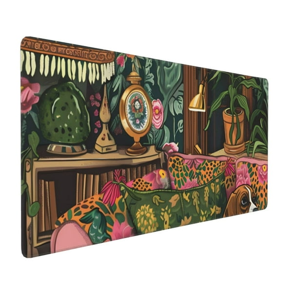 Xecao Dog On Floral Couch Print Large Mouse Pad, 16x35.5in Mousepad, Professional Non-Slip Rubber Base Big Mouse Pad, Mouse Pad for Gaming & Office Full Desk Mouse Pad
