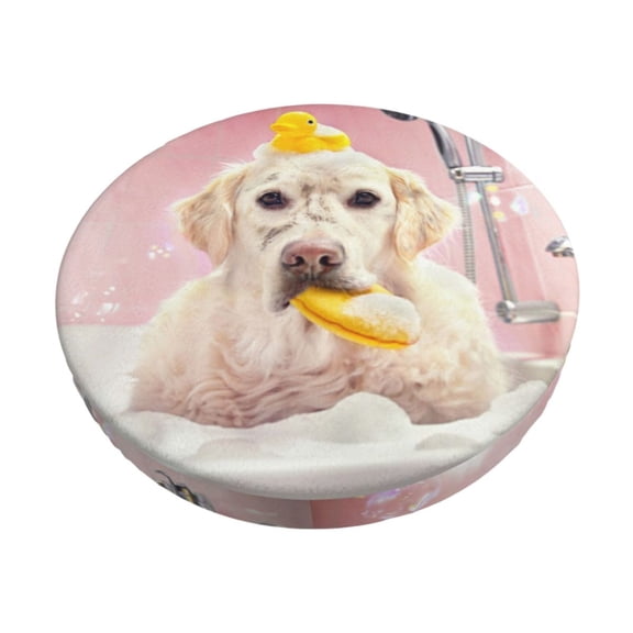 Xecao Dog Sitting In Bathtub With Duck On Head Print Stool Covers Offer Stylish, Washable Protection for PU Round Bar Stools, Perfect for Home or Commercial Use.-12 inch