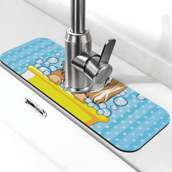 Xecao Dog Takes a Bath in the Bathtub for Kitchen Sink Splash Guard Faucet Mat , Faucet Guard & Draining mat, (15" X 5.5" )