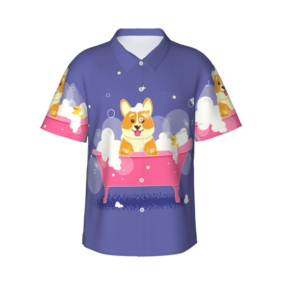 Xecao Dog Washes in a Pink Bath print Hawaiian shirt - a stylish short-sleeve button-down for men, perfect for casual beach and tropical outings.