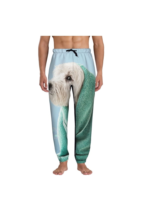 Dog Wrapped in Towel Print Active Tech Joggers for Men, Mens Sweatpants Lounge Pants with Pockets-Small