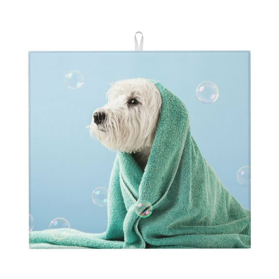 Xecao Dog Wrapped in Towel Print Dish Drying Mat for Kitchen Counter,Absorbent Coffee Bar Mat, Dish Drainer Rack Mats,Dining Room Decoration