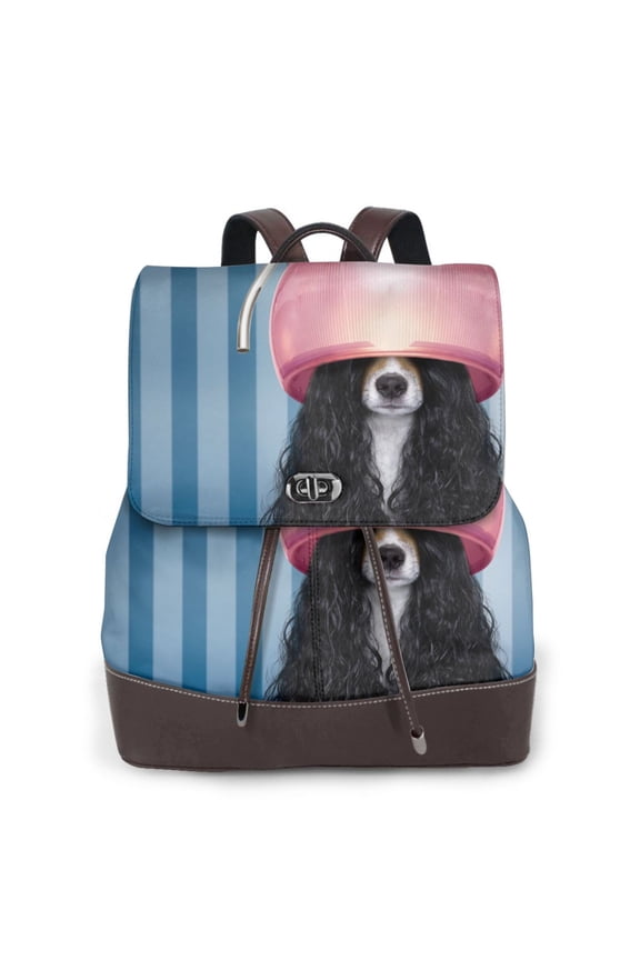 Dog in Hairdresser Print Large Backpack Soft Leather for Women Travel with Compartment, Adjustable Convertible Strap