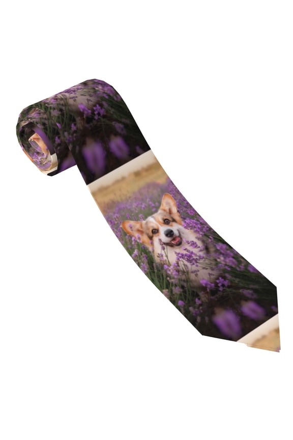 Dog in Lavender Flowers Print Tie For Men Necktie Woven Jacquard Neck Ties,Classic Men's Tie