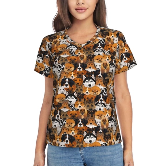 Xecao Dogs Different Breeds for Women's V-Neck T-Shirts-Elegant Half-Sleeve Tops Perfect for Summer-3X-Large