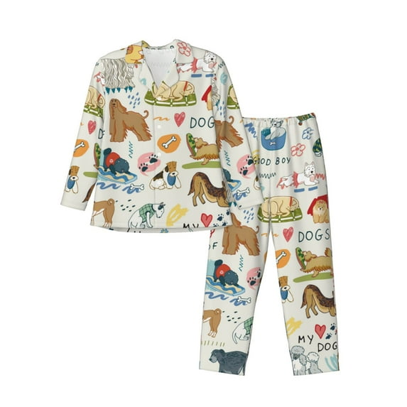 Xecao Dogs Funny Pets Print Pajamas Set Mens Pajamas Long Sleeve Loungewear Two-Piece Sleepwear Button-Down Pjs Set,2PJS-Small