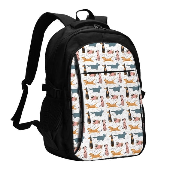Xecao Dogs Pug for Travel Laptop Backpack, USB-Charging-Enabled, Spacious Business Backpack for Men and Women,College School Computer Bag