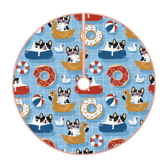 Xecao Dogs With Pool Floats Pattern Christmas Tree Skirt Round Xmas Tree Mat Base Cover for Holiday Home Decorations-30"