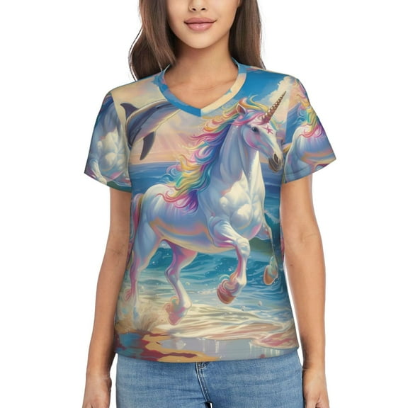 Xecao Dolphin Rainbow Horse for Women's V-Neck T-Shirts-Elegant Half-Sleeve Tops Perfect for Summer-X-Large