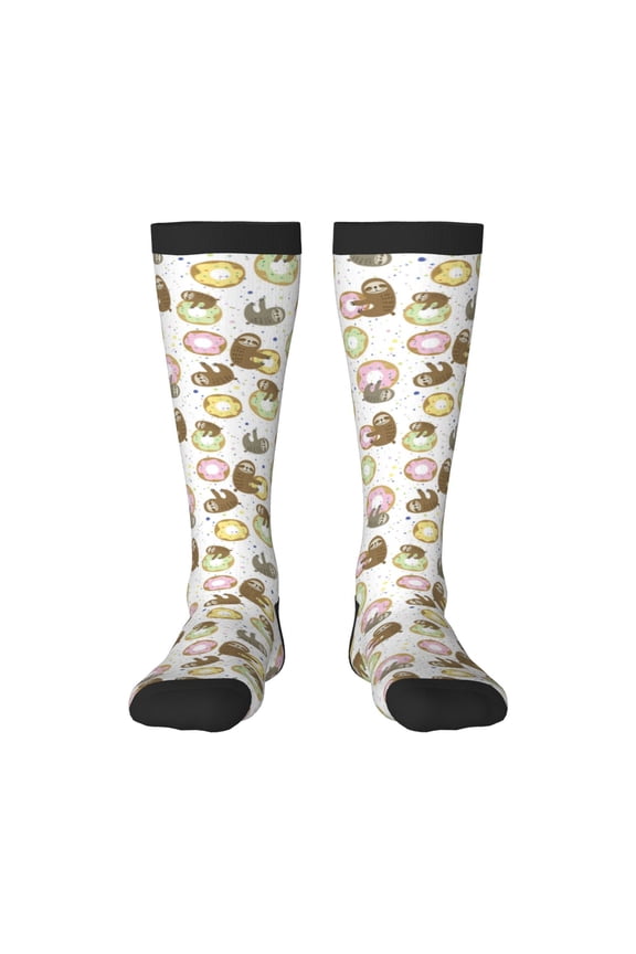 Donut Sloth print thigh-high socks, crafted for both men and women with a stretchy, high-opaque design perfect for daily wear