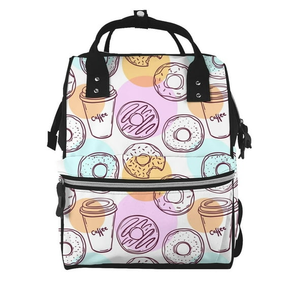 Xecao Donuts and Coffee print Large Capacity Nappy Bag is a multi-functional waterproof travel backpack, perfect as a nursing bag or mummy backpack for women