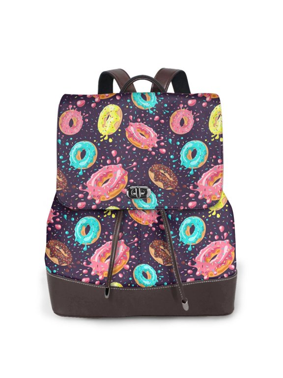 Donuts1 Print Large Backpack Soft Leather for Women Travel with Compartment, Adjustable Convertible Strap