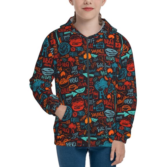 Xecao Doodle Barbeque Pattern Zip Up Hoodies for Boys Girls, Sweatshirt with Pockets-Small