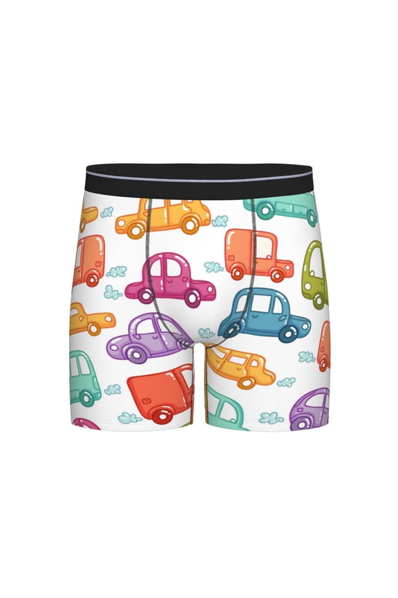 Doodle Cars Print Boxer Briefs for Men's Stretch Moisture-Wicking Underwear, Mid-Rise Classics breathable fabric