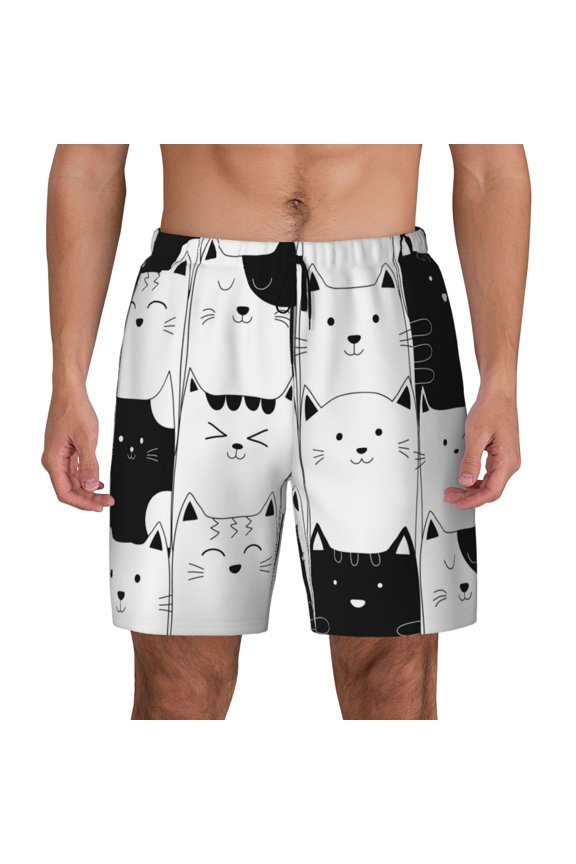 Doodle Cute Cat for Men's Swimming Trunks Swim Trunks Quick Dry Swim Shorts with Mesh Lining Funny Swimwear Bathing Suits