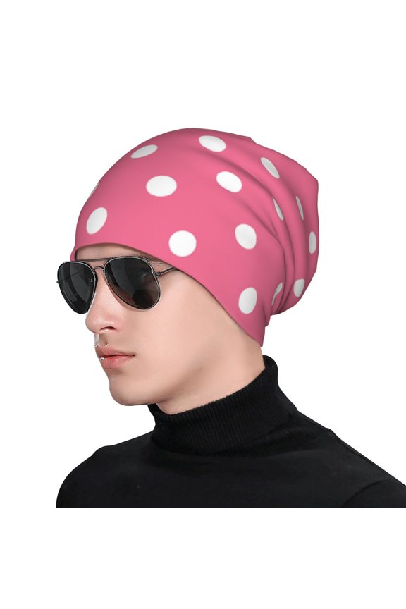 Dots On Rose Red Background Print Beanie Knitted Hat for Men Women, Winter Fashion Knit Cuffed Caps Unisex