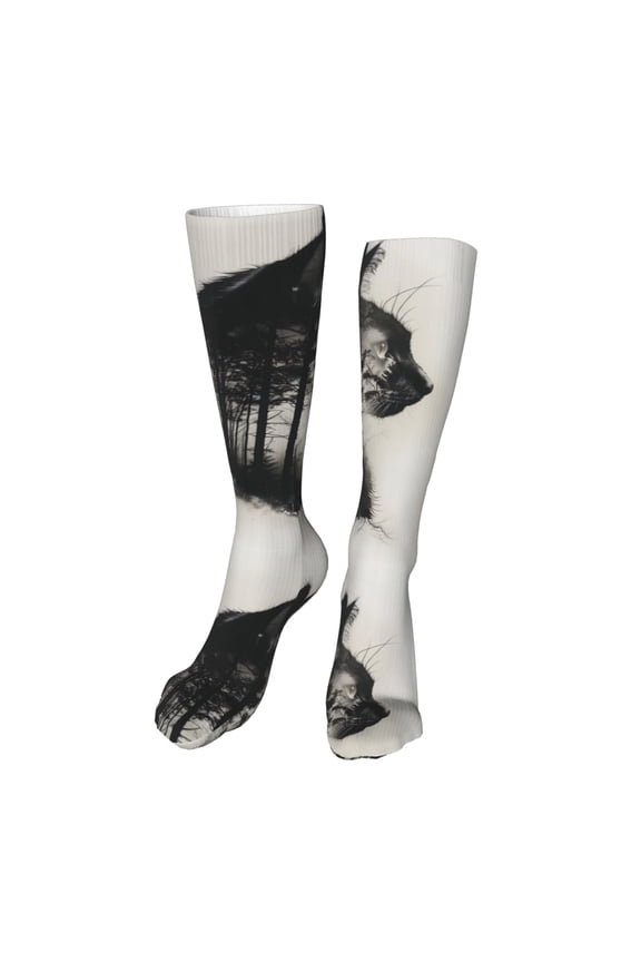 Double Exposure Cat Forest Print Calf Socks Seamless Toe, Knee High Long Socks, Sports Socks Trouser Socks for Women and Men-One Size