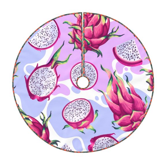Xecao Dragon Fruit Pattern Christmas Tree Skirt Round Xmas Tree Mat Base Cover for Holiday Home Decorations-30"