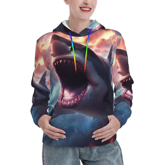 Xecao Dramatic Shark Attack Pattern Hoodies for Women Sweatshirts Long Sleeve Sweatshirts Pullover Outfits with Pocket-