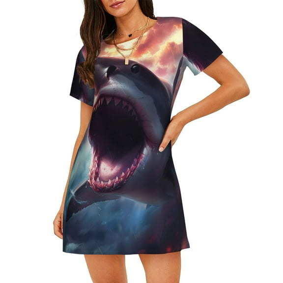 Xecao Dramatic Shark Attack for Women's Loose Nightgown Sleepwear Short Sleeves Shirt Casual Print Sleepdress