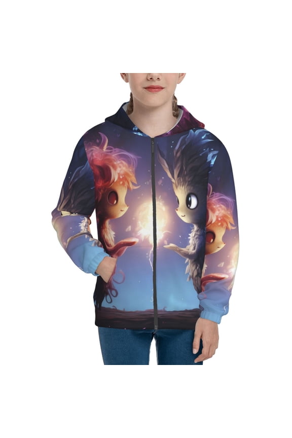 Dreamy Forest Elf Pattern Zip Up Hoodies for Boys Girls, Sweatshirt with Pockets-Medium