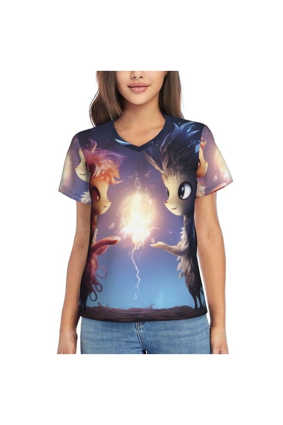 Dreamy Forest Elf for Women's V-Neck T-Shirts-Elegant Half-Sleeve Tops Perfect for Summer-Small