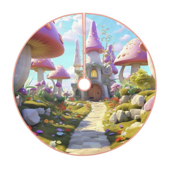 Xecao Dreamy Mushroom House Pattern Christmas Tree Skirt Holiday Part Decorations for Christmas Tree, Farmhouse Christmas Decor Xmas Holiday Home Party Decorations-30"