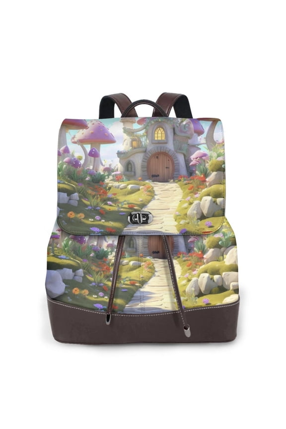 Dreamy Mushroom House Print Large Backpack Soft Leather for Women Travel with Compartment, Adjustable Convertible Strap